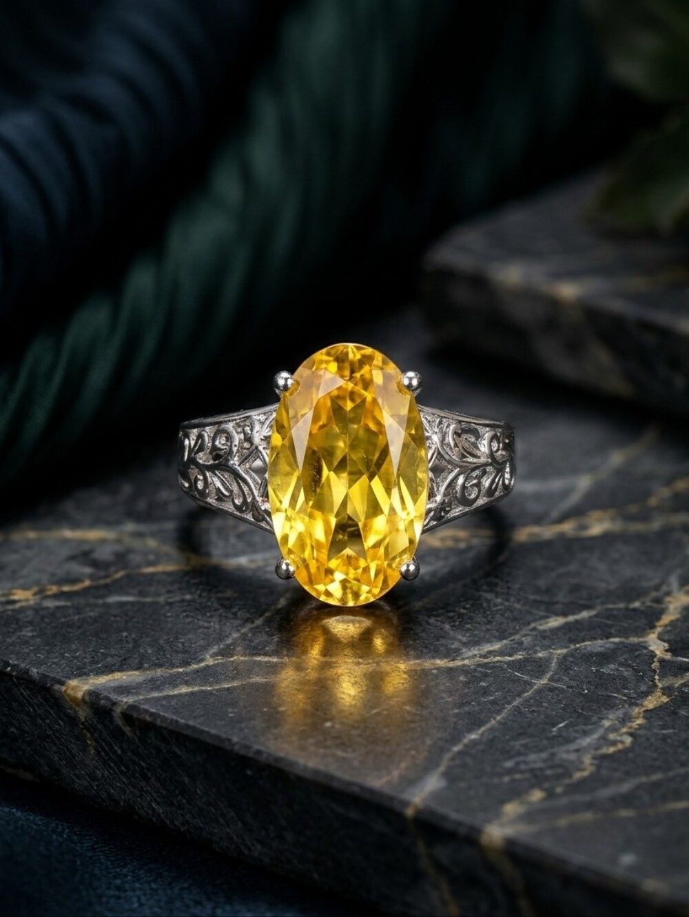 Canary Yellow Quartz Solitaire Platinum Over 925 Ring Art Deco Vintage 4.75 CTW